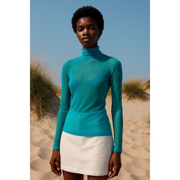 Amir Taghi Sheer Mesh Long Sleeve Top Teal Mock Neck Turquoise Medium Shirt - Picture 1 of 9